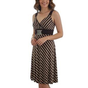 Brown & White Striped Gidani Sleeveless Dress With Belted Waist & Silver Buckle